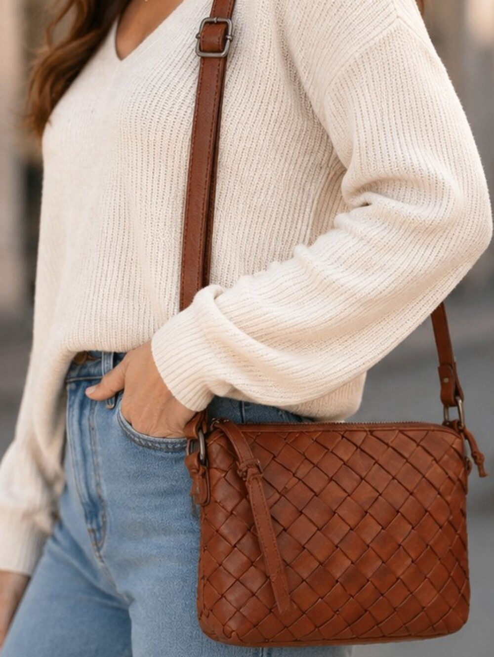 Vilenca Holland Brown Soft Leather Woven Messenger Crossbody Handbag